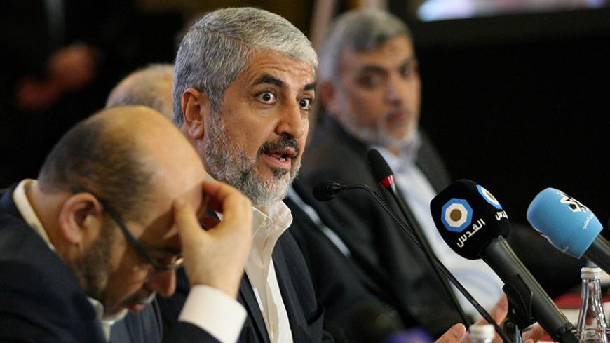 Hamas leader Khaled Meshaal gestures as he announces a new policy document in Doha, Qatar, May 1, 2017. REUTERS/Naseem Zeitoon - RTS14OSP