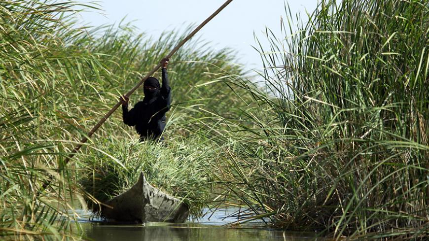 An Iraqi woman collects grass with a canoe in the Chibayish marshes near the southern Iraqi city of Nasiriyah on June 25, 2015. Marsh areas in southern Iraq have been affected since the Islamic State group started closing the gates of a dam on the Euphrates River in the central city of Ramadi, which is under the jihadist group's control. AFP PHOTO / HAIDAR HAMDANI        (Photo credit should read HAIDAR HAMDANI/AFP/Getty Images)