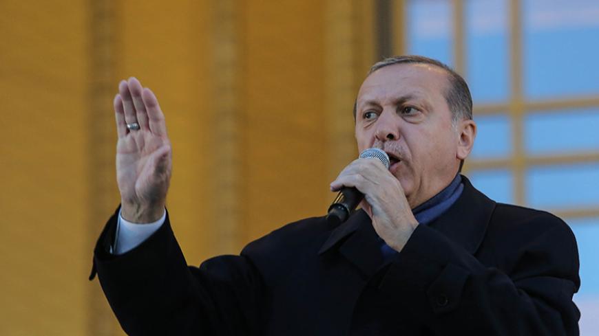 ANKARA, TURKEY - APRIL 17: Turkish President Tayyip Erdogan gives a referendum victory speech to his supporters at the Presidential Palace on April 17, 2017 in Ankara Turkey. Erdogan declared victory in Sunday's historic referendum that will grant sweeping powers to the presidency, hailing the result as a "historic decision. 51.4 per cent per cent of voters had sided with the "Yes" campaign, ushering in the most radical change to the country's political system in modern times.Turkey's main opposition calls 