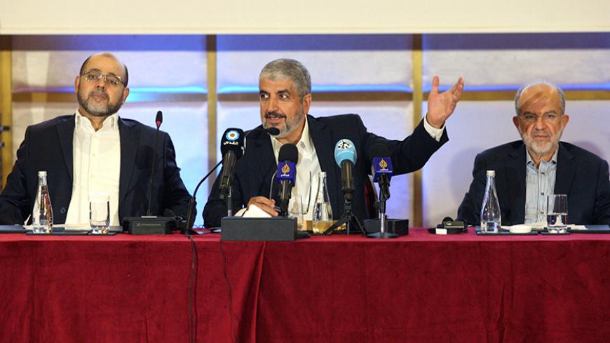 Hamas leader Khaled Meshaal gestures as he announces a new policy document in Doha, Qatar, May 1, 2017. REUTERS/Naseem Zeitoon - RTS14OT6
