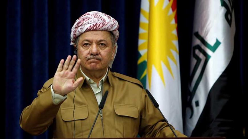 Iraq's Kurdistan region's President Massoud Barzani gestures during a joint news conference with German Foreign Minister Sigmar Gabriel (not pictured) in Erbil, Iraq April 20, 2017. REUTERS/Azad Lashkari - RTS1348S