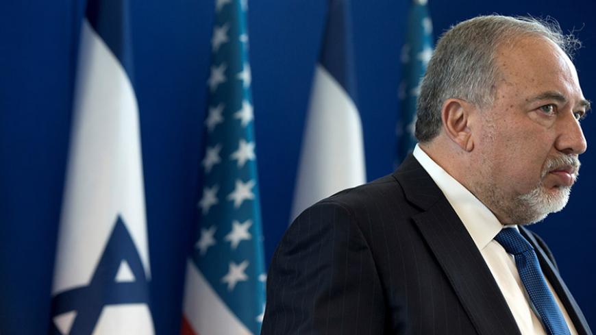 Israel's Minister of Defense Avigdor Lieberman and U.S. Defense Secretary James Mattis (not seen) hold a joint news conference at the Ministry of Defense in Tel Aviv, Israel, April 21, 2017 REUTERS/Heidi Levine/ Pool - RTS139P0