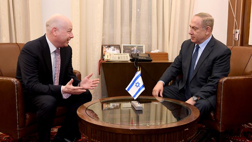 Jason Greenblatt (L), U.S. President Donald Trump's Middle East envoy meets Israeli Prime Minister Benjamin Netanyahu at the Prime Ministerís Office in Jerusalem March 13, 2017. Picture taken March 13, 2017. Courtesy Matty Stern/U.S. Embassy Tel Aviv/Handout via REUTERS      ATTENTION EDITORS - THIS IMAGE WAS PROVIDED BY A THIRD PARTY. EDITORIAL USE ONLY - RTX319TT