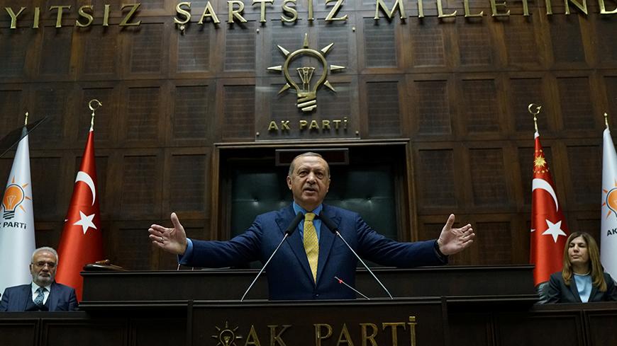 Turkish President Tayyip Erdogan addresses members of parliament from his ruling AK Party (AKP) during a meeting at the Turkish parliament in Ankara, Turkey, May 30, 2017. REUTERS/Umit Bektas - RTX387FQ