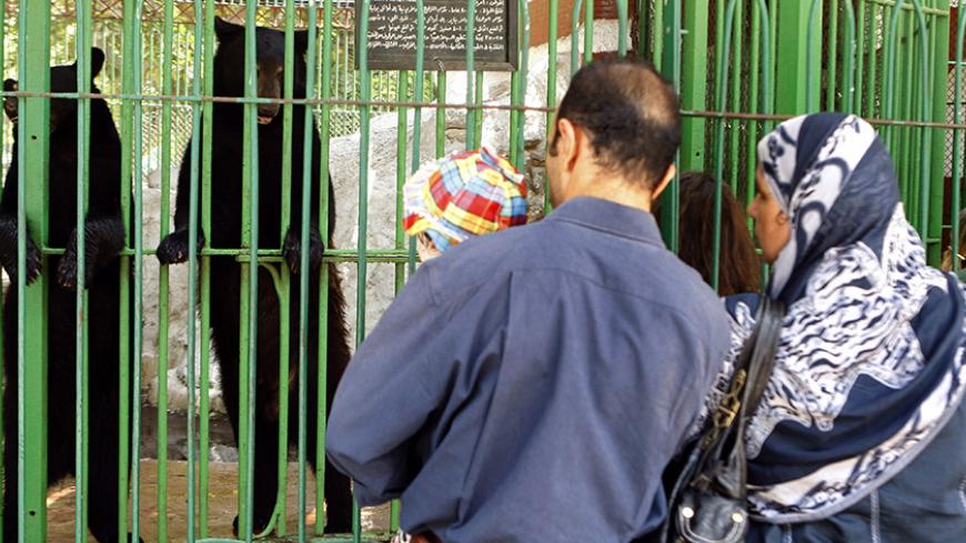 Visitors watch black bears at Egypt's Giza Zoo in Cairo August 6, 2008. Powerful fans blow chilled mist at the bears, a luxury normally reserved for wealthy human patrons at Egypt's upscale patio cafes. Soon, cold water will flow in pipes beneath the cages, chilling the floors as part of a series of reforms at the historical zoo. To match feature EGYPT-ZOO/ REUTERS/Nasser Nuri (EGYPT) - RTR20TQN