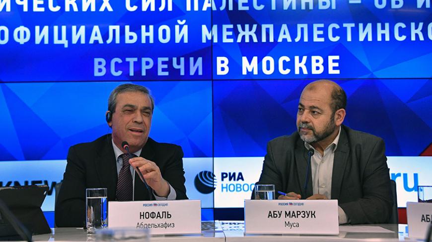 From L: Abed al-Hafeez Nofal, the Palestinian ambassador to Moscow, and exiled Hamas deputy leader Mussa Abu Marzuq give a press conference along with other representatives of Palestinian political parties and movements in Moscow on January 17, 2017. / AFP / Alexander NEMENOV        (Photo credit should read ALEXANDER NEMENOV/AFP/Getty Images)