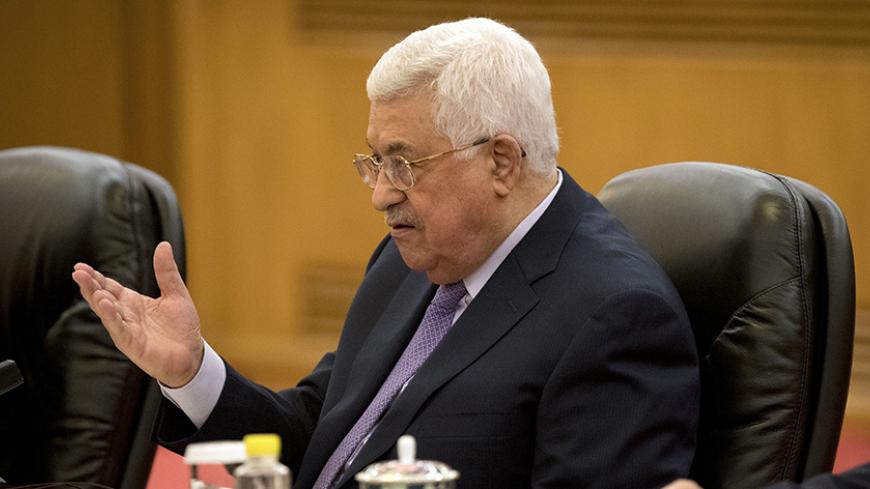 Palestinian President Mahmoud Abbas speaks during a meeting with Chinese President Xi Jinping, not shown, at the Great Hall of the People in Beijing, China, July 18, 2017. REUTERS/Mark Schiefelbein/Pool - RTX3BWOG