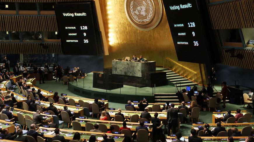 NEW YORK, NY - DECEMBER 21: The voting results are displayed on the floor of the United Nations General Assembly in which the United States declaration of Jerusalem as Israel's capital was declared "null and void" on December 21, 2017 in New York City. The vote, 128-9, at the United Nations concerned Washington's decision to recognize Jerusalem as Israel's capital and relocate its embassy there. The Trump administration has threatened to take action against any country that votes against the United States d