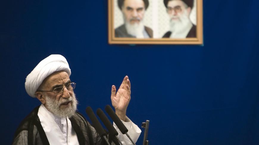 Head of the Guardian Council Ahmad Jannati delivers a sermon during Tehran's Friday prayers August 21, 2009. Hardline Iranian cleric Jannati urged the judiciary on Friday to arrest the leaders of post-election unrest, in what appeared to be a reference to defeated moderate presidential candidates Mirhossein Mousavi and Mehdi Karoubi.    REUTERS/Morteza Nikoubazl (IRAN POLITICS RELIGION) - GM1E58L1HAE01