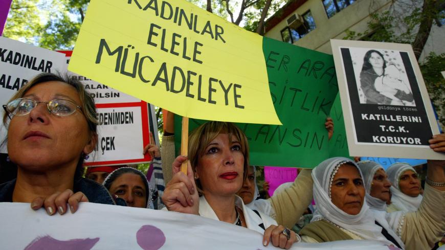 Turkish women from different cities join a demonstration against the adultery ban in Ankara, September 14, 2004. The Turkish parliament meets in an extraordinary session on Tuesday to push through a massive series of amendments to the country's penal code. Most of the 348 articles of the penal code are to be changed under the draft legislation tabled by the ruling Justice and Development Party, including the amendment that is making adultery a criminal offence. REUTERS/Umit Bektas UB/GB - RP5DRIAIJWAA