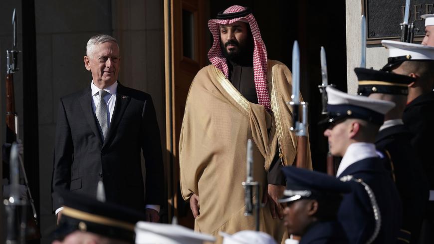 ARLINGTON, VA - MARCH 22:  U.S. Secretary of Defense Jim Mattis (L) welcomes Crown Prince Of Saudi Arabia Mohammad Bin Salman (R) during an enhanced honor cordon March 22, 2018 at the Pentagon in Arlington, Virginia. Crown Prince Mohammad Bin Salman is on a visit in Washington.   (Photo by Alex Wong/Getty Images)