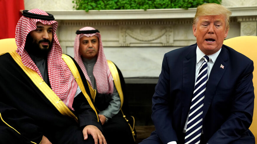 U.S. President Donald Trump welcomes Saudi Arabia's Crown Prince Mohammed bin Salman in the Oval Office at the White House in Washington, U.S. March 20, 2018.  REUTERS/Jonathan Ernst - RC1B9C971E60