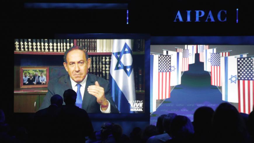 Israeli Prime Minister Benjamin Netanyahu speaks via a video link from Israel to the American Israel Public Affairs Committee (AIPAC) policy conference in Washington, U.S., March 27, 2017.      REUTERS/Joshua Roberts - RC1F228F8BE0
