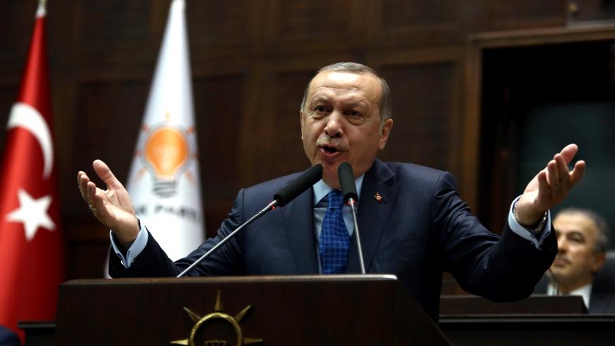 Turkish President and the leader of the Justice and Development Party (AK Party) Recep Tayyip Erdogan delivers a speech during the AK Party's parliamentary group meeting at the Grand National Assembly of Turkey (TBMM) in Ankara, Turkey on April 10, 2018.    / AFP PHOTO / ADEM ALTAN        (Photo credit should read ADEM ALTAN/AFP/Getty Images)