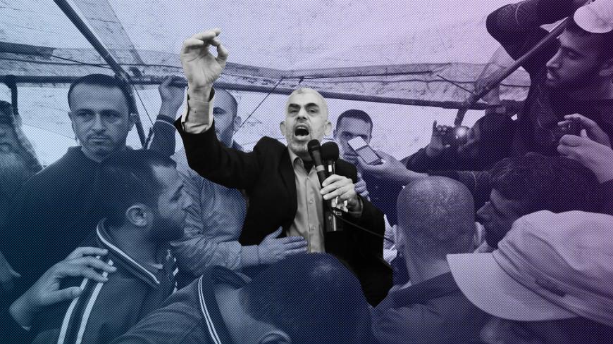 Yahya Sinwar leader of the Islamist Hamas movement in the Gaza Strip, speaks during a protest east of Khan Yunis, in the southern Gaza Strip on April 6, 2018, demanding the right to return -- meaning Palestinian refugees being allowed to go back to the land they fled or were expelled from during the 1948 war surrounding Israel's creation. - Clashes erupted on the Gaza-Israel border a week after similar demonstrations led to violence in which Israeli force killed 19 Palestinians, the bloodiest day since a 20