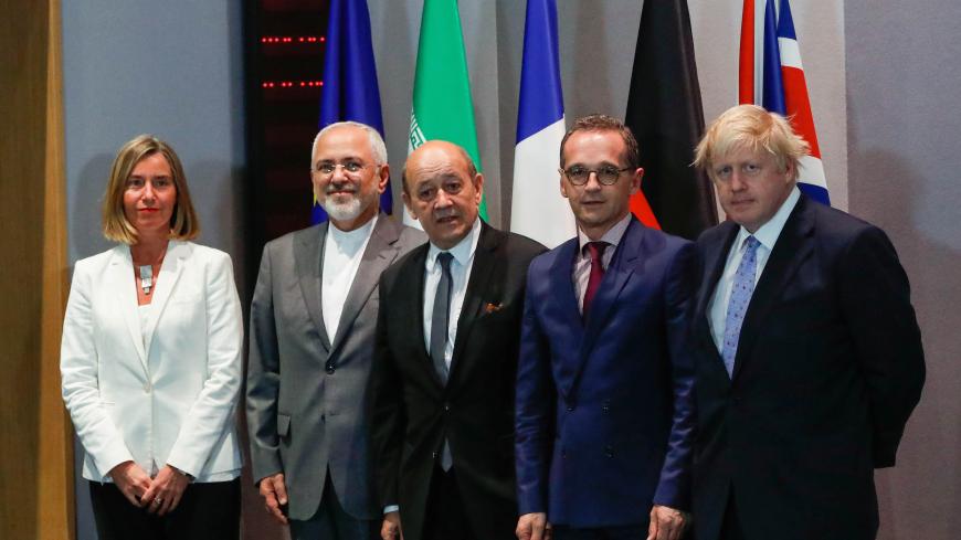 Britain's Foreign Secretary Boris Johnson, German Foreign Minister Heiko Maas, French Foreign Minister Jean-Yves Le Drian and EU High Representative for Foreign Affairs Federica Mogherini take part in meeting with Iran's Foreign Minister Mohammad Javad Zarif in Brussels, Belgium, May 15, 2018.  REUTERS/Yves Herman/Pool - RC16D13AE4C0