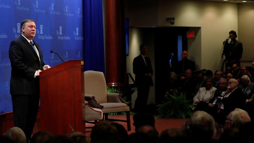 U.S. Secretary of State Mike Pompeo delivers remarks on the Trump administration's Iran policy at the Heritage Foundation in Washington, U.S. May 21, 2018.  REUTERS/Jonathan Ernst - RC11809E60C0