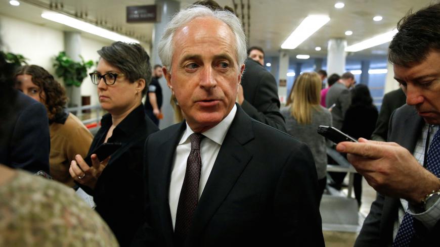 Senator Bob Corker (R-TN) speaks to reporters as he arrives for the weekly Senate Republican policy luncheon on Capitol Hill in Washington, U.S., April 17, 2018. REUTERS/Joshua Roberts - RC18554A3D70