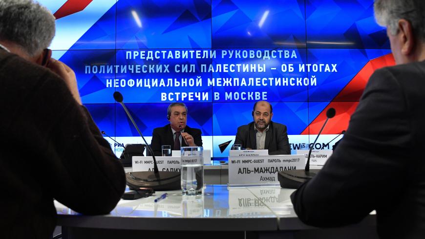 From L: Abed al-Hafeez Nofal, the Palestinian ambassador to Moscow, and exiled Hamas deputy leader Mussa Abu Marzuq give a press conference along with other representatives of Palestinian political parties and movements in Moscow on January 17, 2017. / AFP / Alexander NEMENOV        (Photo credit should read ALEXANDER NEMENOV/AFP/Getty Images)