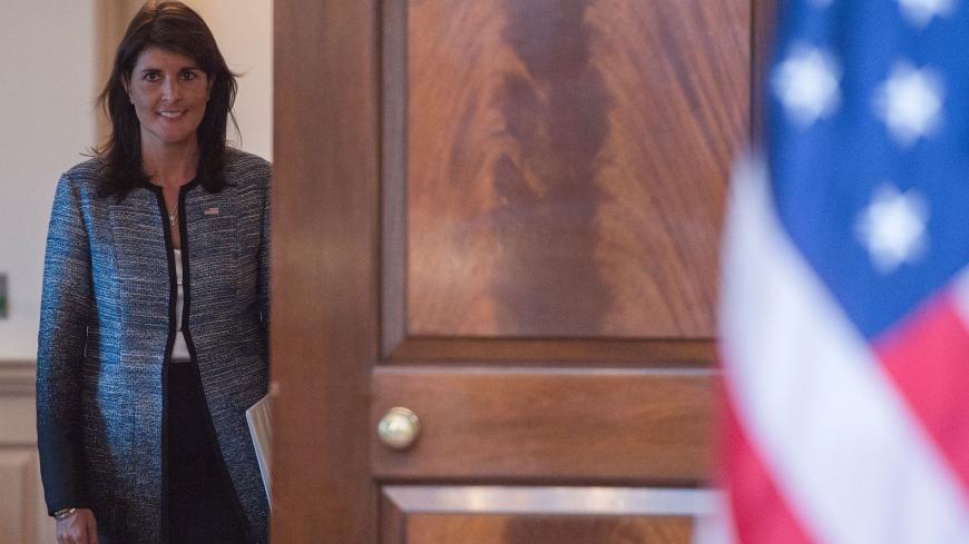 US Ambassador to the United Nation Nikki Haley arrives at a press conference at the US Department of State in Washington DC on June 19, 2018. - The United States announced that it is withdrawing from the UN Human Rights Council. (Photo by Andrew CABALLERO-REYNOLDS / AFP)        (Photo credit should read ANDREW CABALLERO-REYNOLDS/AFP/Getty Images)