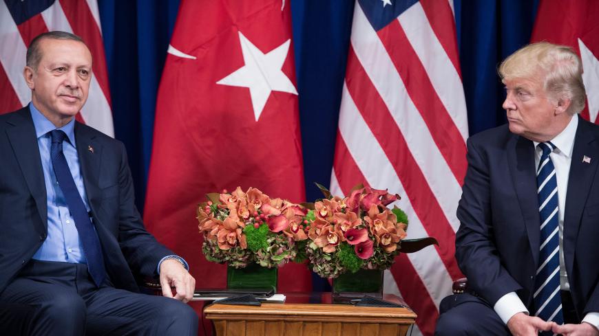 Turkey's President Recep Tayyip Erdogan and US President Donald Trump wait for a meeting at the Palace Hotel during the 72nd United Nations General Assembly September 21, 2017 in New York City. / AFP PHOTO / Brendan Smialowski (Photo credit should read BRENDAN SMIALOWSKI/AFP/Getty Images)