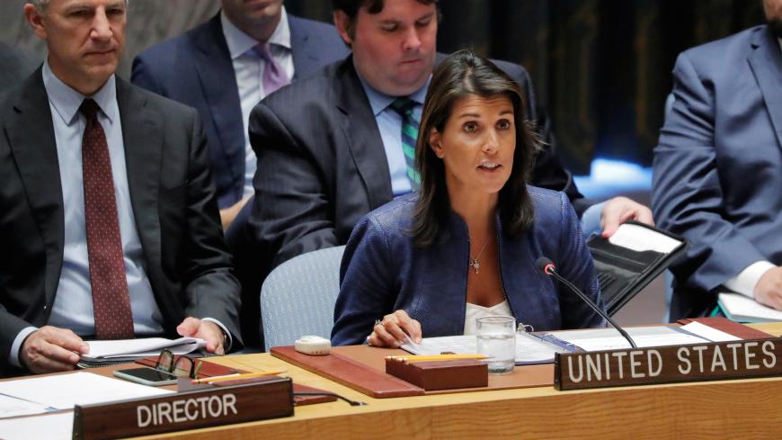 U.S. Ambassador to the United Nations Nikki Haley speaks during a United Nations Security Council meeting at United Nations (U.N.) headquarters in New York City, New York, U.S., August 23, 2018. REUTERS/Lucas Jackson - RC177F80FC00
