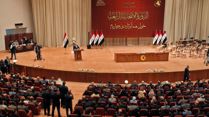 A picture taken on September 3, 2018 shows a general view of the Iraqi parliament during a meeting in the capital Baghdad. - Iraq's parliament convened today with a populist cleric who triumphed in May elections allying with Prime Minister Haider al-Abadi to try to form a government and sideline pro-Iran rivals. (Photo by SABAH ARAR / AFP)        (Photo credit should read SABAH ARAR/AFP/Getty Images)