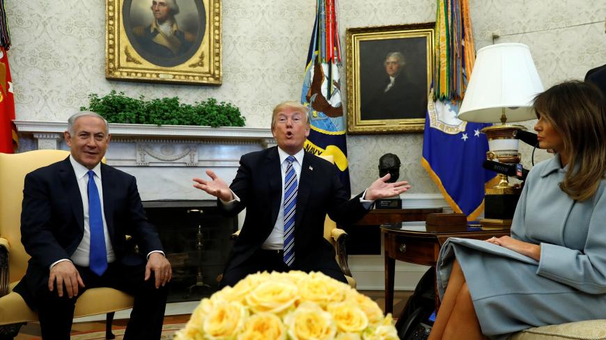 U.S. President Donald Trump and first lady Melania Trump welcome Israel Prime Minister Benjamin Netanyahu in the Oval Office of the White House in Washington, U.S., March 5, 2018. REUTERS/Kevin Lamarque - RC1A43C3C000