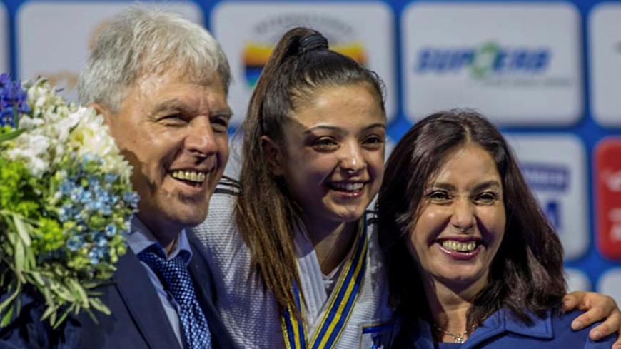 TEL AVIV, ISRAEL, APRIL 26: Under 52kg bronze medallist, Gefen Primo of Israel happily poses with Israel's Sports Minister, Mrs Miri Regev and the President of the Israel Judo Federation, Moshe Ponte during day one of the 2018 Tel Aviv European Judo Championships (26-28 April) at the Tel Aviv Convention Centre, Tel Aviv, Israel, on April 26, 2018. (Photo by David Finch/Getty Images)