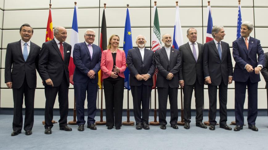 Chinese Foreign Minister Wang Yi, French Foreign Minister Laurent Fabius, German Foreign Minister Frank Walter Steinmeier, European Union High Representative for Foreign Affairs and Security Policy Federica Mogherini, Iranian Foreign Minister Mohammad Javad Zarif, Head of the Iranian Atomic Energy Organization Ali Akbar Salehi, Russian Foreign Minister Sergey Lavrov, British Foreign Secretary Philip Hammon, U.S. Secretary of State John Kerry and U.S. Secretary of Energy Ernest Moniz (L to R) pose for a grou