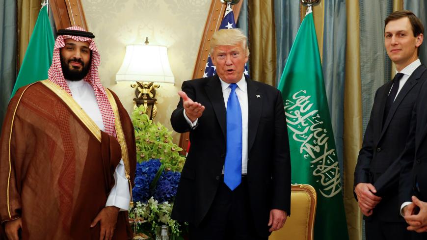U.S. President Donald Trump, flanked by White House senior advisor Jared Kushner, meets with Saudi Arabia's Deputy Crown Prince Mohammed bin Salman at the Ritz Carlton Hotel in Riyadh, Saudi Arabia May 20, 2017. Picture taken May 20, 2017. REUTERS/Jonathan Ernst - RC16ED267CF0