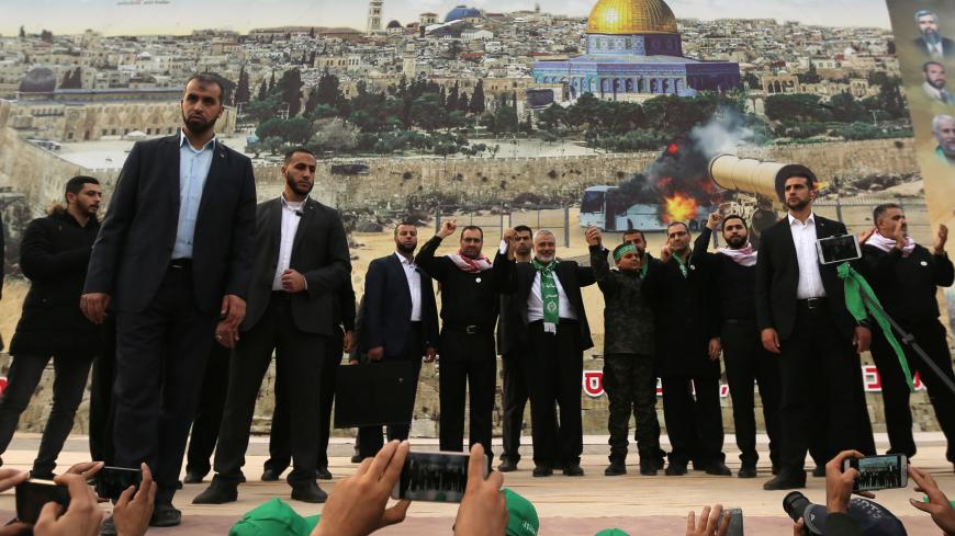 Hamas Chief Ismail Haniyeh gestures during a rally marking the 31st anniversary of Hamas' founding, in Gaza City December 16, 2018. REUTERS/Ibraheem Abu Mustafa - RC1262A82640
