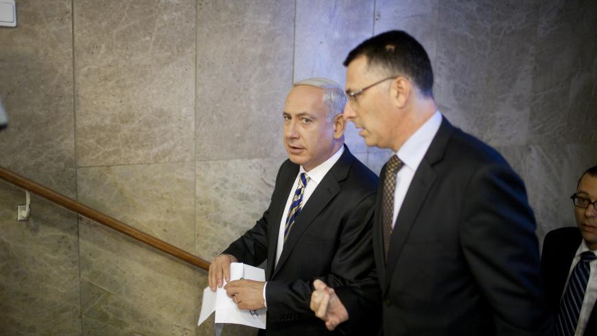 JERUSALEM, ISRAEL - AUGUST 26:  Israeli Prime Minister Benjamin Netanyahu speaks to Israeli education minister Gideon Saar (R) as they arrive for the weekly cabinet meeting in his offices on August 26, 2012 in Jerusalem, Israel.  (Photo by Uriel Sinai/Getty Images)
