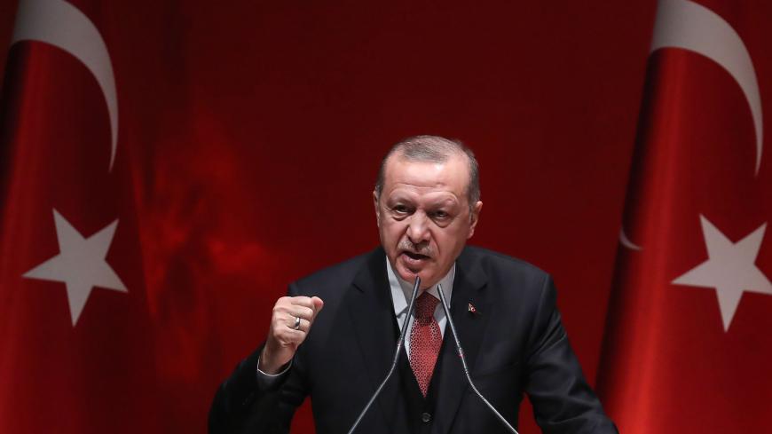 Turkish President Recep Tayyip Erdogan addresses a meeting of provincial election officials at the headquarters of his ruling Justice and Development (AK) Party in Ankara on January 29, 2019. (Photo by Adem ALTAN / AFP)        (Photo credit should read ADEM ALTAN/AFP/Getty Images)