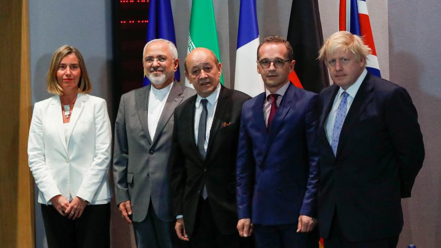 Britain's Foreign Secretary Boris Johnson, German Foreign Minister Heiko Maas, French Foreign Minister Jean-Yves Le Drian and EU High Representative for Foreign Affairs Federica Mogherini take part in meeting with Iran's Foreign Minister Mohammad Javad Zarif in Brussels, Belgium, May 15, 2018.  REUTERS/Yves Herman/Pool - RC16D13AE4C0