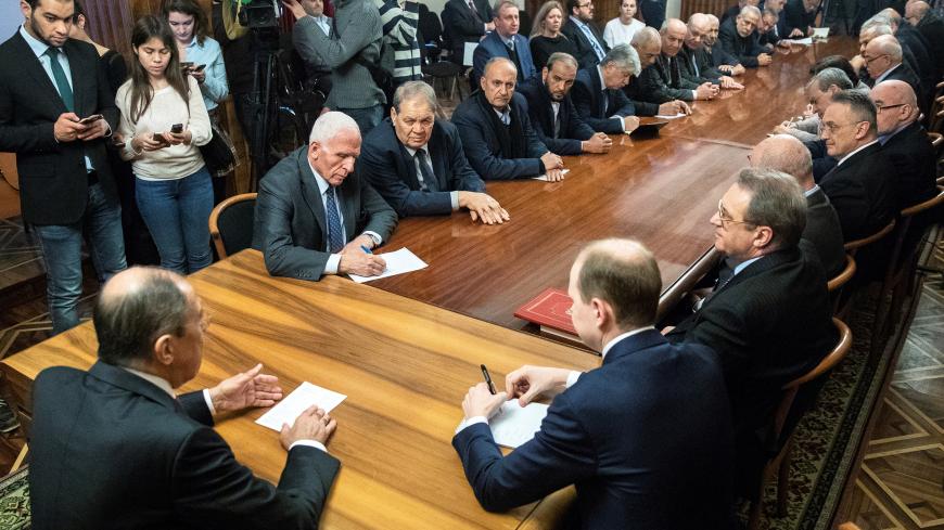 Russian Foreign Minister Sergei Lavrov talks during a meeting with representatives of Palestinian groups and movements as a part of an intra-Palestinian talks in Moscow, Russia February 12, 2019. Pavel Golovkin/Pool via REUTERS - RC1508E52650