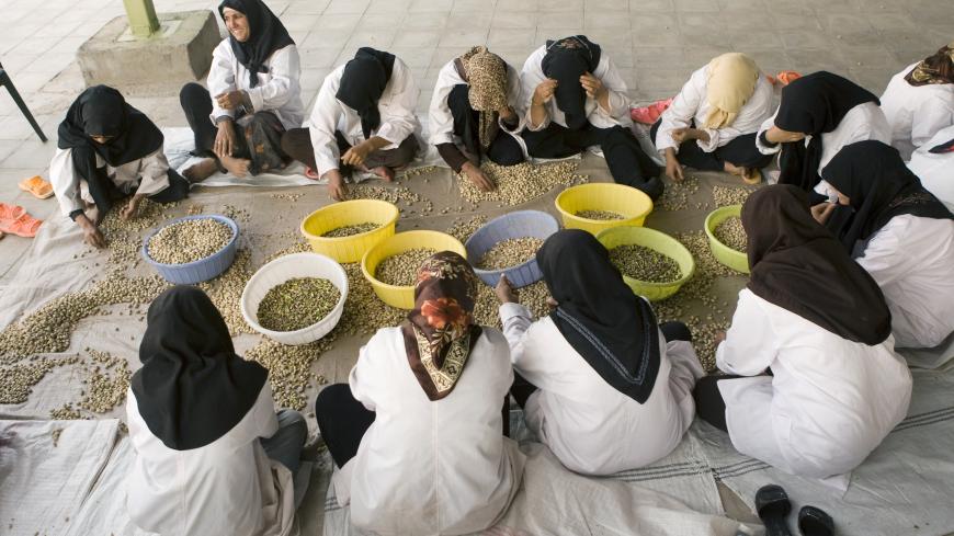 Workers sort pistachios by hand during a final inspection before packing at a processing factory in Rafsanjan, 1,000 kilometers southeast of Tehran September 23, 2008. Iran may this year see its position as the world's largest producer of pistachio nuts overtaken by the United States, as the Islamic Republic suffers one of its worst harvests ever. Picture taken September 23, 2008. To match feature IRAN-PISTACHIOS/ REUTERS/Caren Firouz (IRAN) - GM1E4A90KNL01