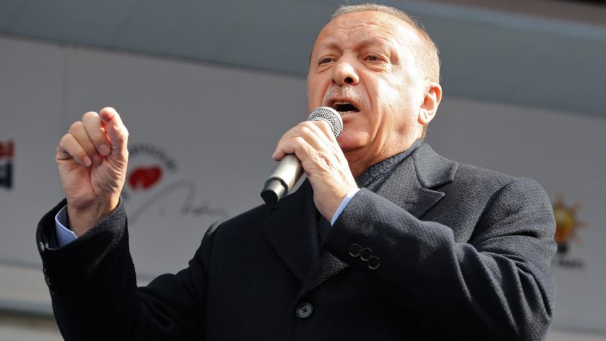 Turkish President Recep Tayyip Erdogan speaks during a rally of Justice and Development Party (AK Party) as part of the local election campaign in Ankara, Turkey, on March 28, 2019. - Local elections in Turkey's capital and the country's overall 81 provinces are scheduled for March 31, 2019. (Photo by Adem ALTAN / AFP) (Photo credit should read ADEM ALTAN/AFP/Getty Images)
