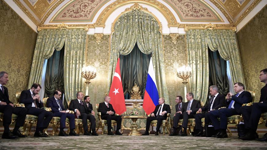 Russian and Turkish delegations, led by Presidents Vladimir Putin and Tayyip Erdogan, attend a meeting at the Kremlin in Moscow, Russia April 8, 2019. Sputnik/Alexei Nikolsky/Kremlin via REUTERS  ATTENTION EDITORS - THIS IMAGE WAS PROVIDED BY A THIRD PARTY. - RC16BFAECE20