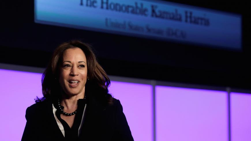 Democratic U.S. presidential candidate Senator Kamala Harris (D-CA) arrives to speak at the North America's Building Trades Unions (NABTU) 2019 legislative conference in Washington, U.S., April 10, 2019. REUTERS/Yuri Gripas - RC1AB0F71E60