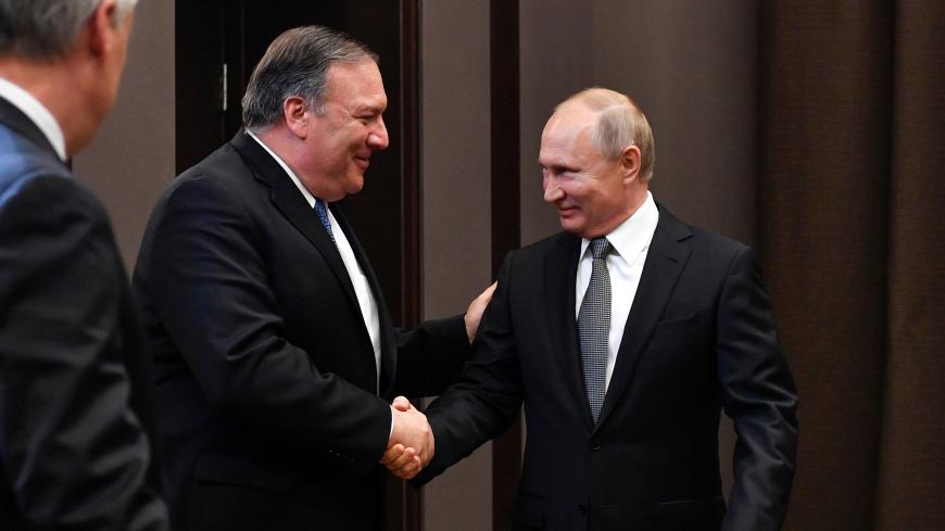 Russian President Vladimir Putin meets with U.S. Secretary of State Mike Pompeo at the Bocharov Ruchei residence in Sochi, Russia May 14, 2019. Alexander Nemenov/Pool via REUTERS - RC1DB8C7B000