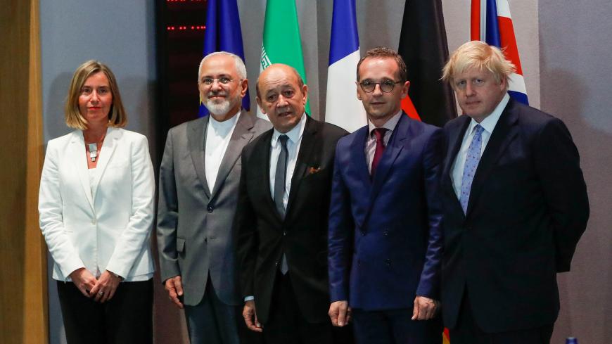 Britain's Foreign Secretary Boris Johnson, German Foreign Minister Heiko Maas, French Foreign Minister Jean-Yves Le Drian and EU High Representative for Foreign Affairs Federica Mogherini take part in meeting with Iran's Foreign Minister Mohammad Javad Zarif in Brussels, Belgium, May 15, 2018. REUTERS/Yves Herman/Pool - RC16D13AE4C0