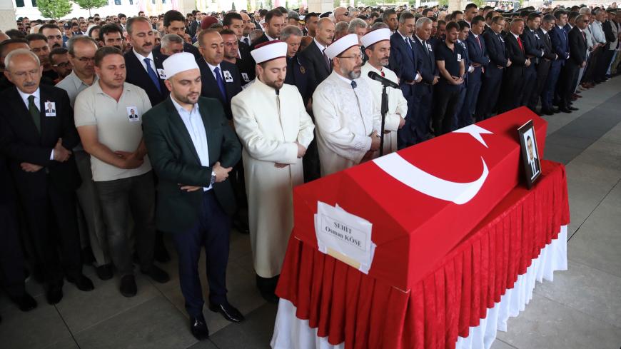 ANKARA, TURKEY - JULY 18: Chairman of the Republican People's Party (CHP) Kemal Kilicdaroglu, Turkish Interior Minister Suleyman Soylu, Turkish Foreign Minister Mevlut Cavusoglu, Turkish Justice Minister Abdulhamit Gul, Head of the National Intelligence Organization (MIT) of Turkey Hakan Fidan and Grand Unity Party (BBP) Chairman Mustafa Destici attend the funeral of Turkish diplomat Osman Kose, who was martyred in an armed attack in Iraq's Erbil, at Ahmet Hamdi Akseki Mosque in Ankara, Turkey on July 18, 2