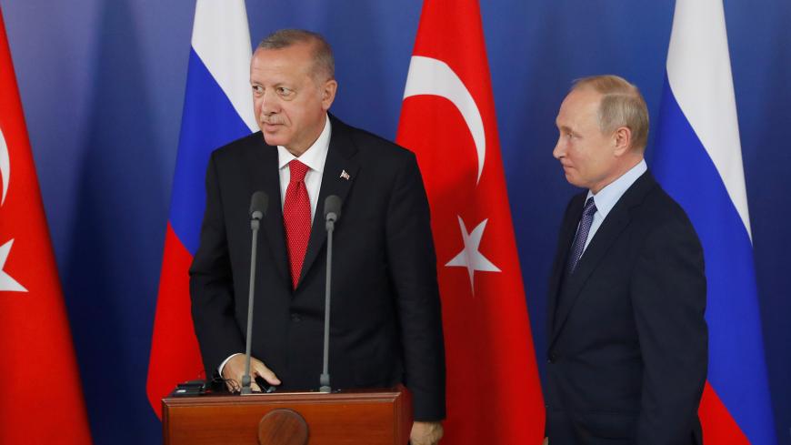 Turkish President Recep Tayyip Erdogan and Russian President Vladimir Putin during a joint news conference following their talks on the sidelines of the MAKS-2019 International Aviation and Space Salon in Zhukovsky outside Moscow, Russia, August 27, 2019. Maxim Shipenkov/Pool via REUTERS - RC1D82A22C80