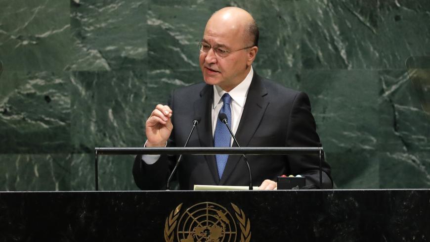 Iraq's president Barham Salih addresses the 74th session of the United Nations General Assembly at U.N. headquarters in New York City, New York, U.S., September 25, 2019. REUTERS/Lucas Jackson - HP1EF9P126TEO