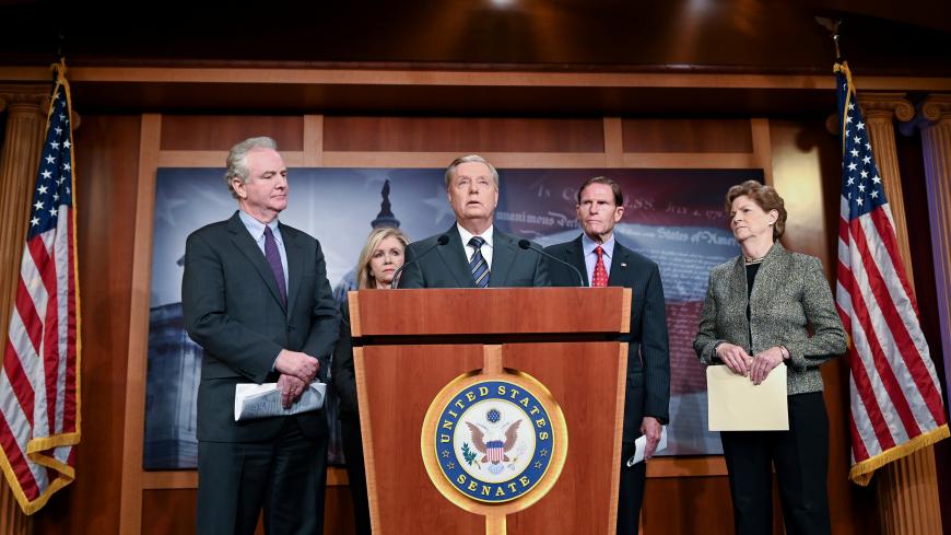 Sen. Lindsey Graham (R-SC), joined by Sen. Chris Van Hollen (D-MD), Sen. Marsha Blackburn (R-TN), Sen. Richard Blumenthal (D-CT) and Sen. Jeanne Shaheen (D-NH),  announces a bipartisan agreement on Turkey sanctions during a news conference on Capitol Hill in Washington, U.S., October 17, 2019. REUTERS/Erin Scott - RC173EAD1F90