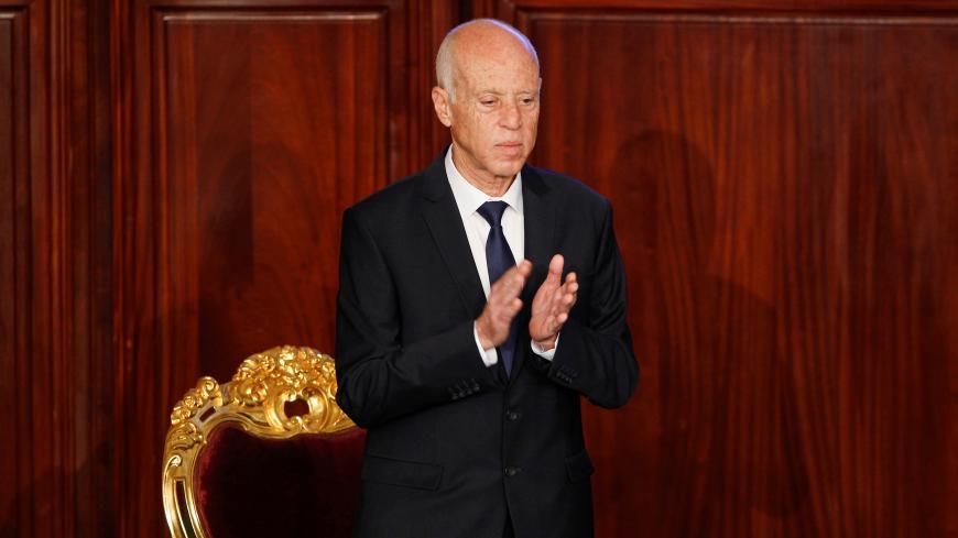 Tunisia's elected president Kais Saied gestures during his swearing-in ceremony at the Assembly of People's Representatives in Tunis, Tunisia October 23, 2019REUTERS/Zoubeir Souissi - RC16791F10D0