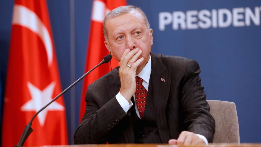 Turkish President Tayyip Erdogan attends a joint press conference with Serbia's President Aleksandar Vucic after their meeting in Belgrade, Serbia, October 7, 2019. REUTERS/Djordje Kojadinovic - RC1C7D7FF7D0