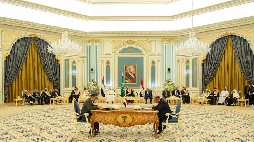 Representatives of Yemen's government and southern separatists sign a Saudi-brokered deal to end a power struggle in the southern port of Aden , as Abu Dhabi's Crown Prince Sheikh Mohammed bin Zayed al-Nahyan (L), Saudi Crown Prince Mohammed bin Salman (C) and Yemen's President Abd-Rabbu Mansour Hadi (R) celebrate in Riyadh, Saudi Arabia, November 5, 2019. Saudi Press Agency/Handout via REUTERS THIS IMAGE HAS BEEN SUPPLIED BY A THIRD PARTY. - RC18F22C1C90