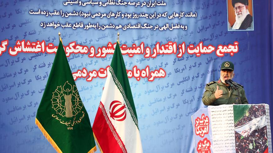 The commander of the Revolutionary Guards, Major General Hossein Salami, delivers a speech for people who attend a demonstration in Tehran, Iran November 25, 2019. Nazanin Tabatabaee/WANA (West Asia News Agency) via REUTERS ATTENTION EDITORS - THIS IMAGE HAS BEEN SUPPLIED BY A THIRD PARTY - RC2EID9D7CTI
